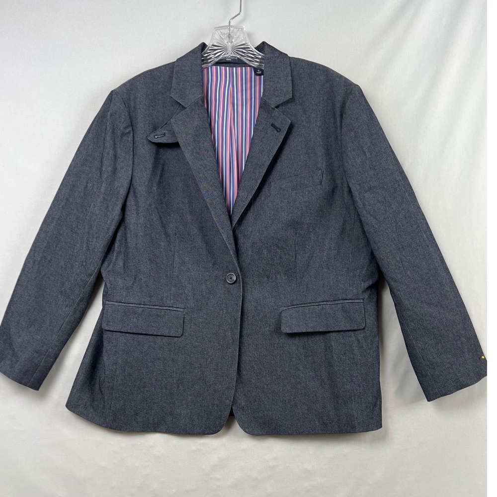 Liz Claiborne Denim Blazer Women 16 Chambray Single Button Striped Lining Jacket